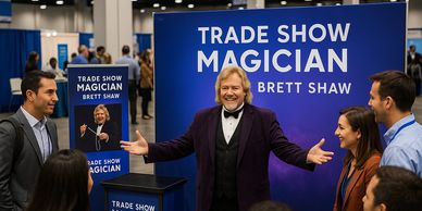 Tradeshow magician Brett Shaw captivating an audience