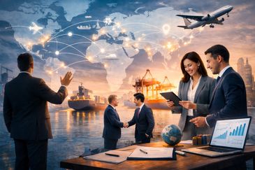 Business professionals discussing global trade and logistics with a world map and transportation icons.