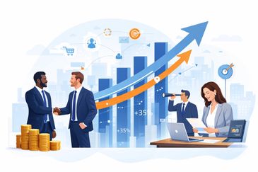 Business professionals shaking hands with rising growth charts in the background.