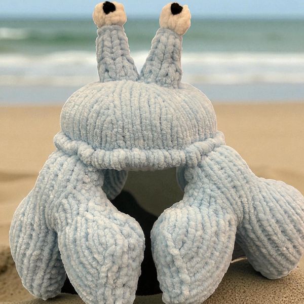 Picture of a blue knitted crab in cuddly chenille yarn with a beach and sea background.