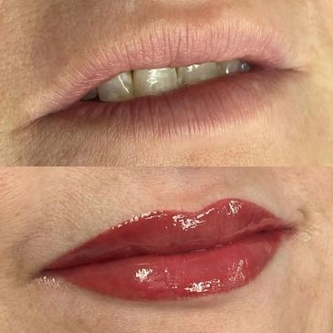 Before and after lip makeup transformation showing natural and glossy red lips.