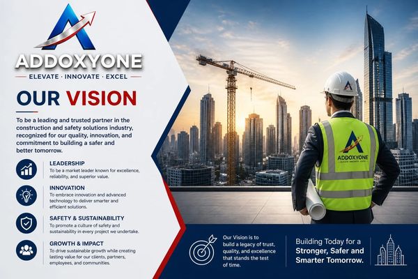 Construction professional overseeing city skyline with Adoxyone's vision and values.