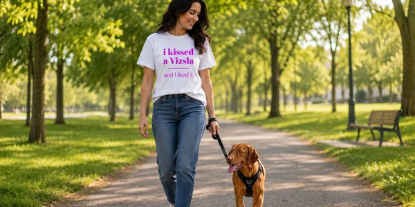 A woman walking a Vizsla dog in a sunlit park.
