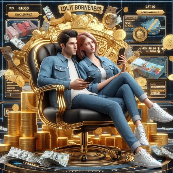 couple sitting casually in a golden luxurious enjoying gaming experience with slot scanner.