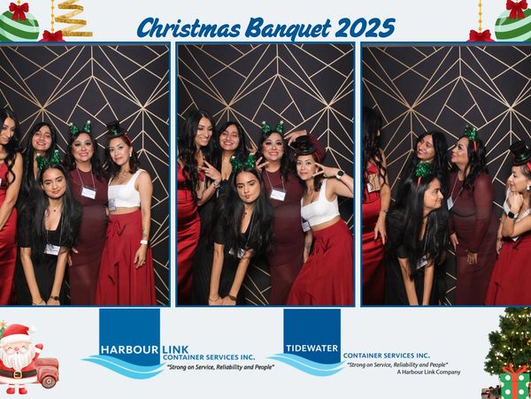 A group of women posing joyfully at the Christmas Banquet 2025 photo booth.