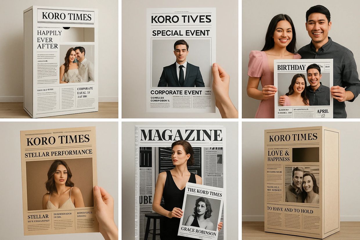 People holding personalized newspaper photo frames with various headlines and pictures.