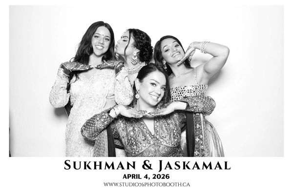 Studio76 PhotoBooth setup at Sukhman & Jaskamal wedding featuring elegant backdrop & instant prints.