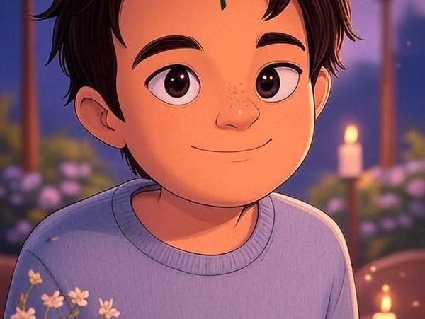 Animated boy with a flower pot and candles in the background.