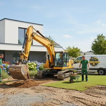 Two landscapers using an excavator and wheelbarrow in a garden near a modern house.