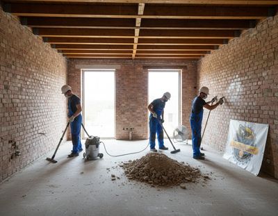 Three construction workers cleaning and chipping inside a brick room under renovation.