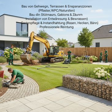Bau von Gehwegen, Terrassen und Entspannungszonen .
Bau von Stützmauern Gabionen und Zäunen.