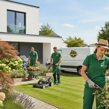 Gardeners in green uniforms tending a lush garden outside a modern house.