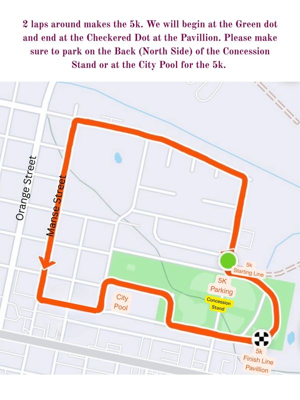 Map outlining a 5k route starting at a green dot and ending at a checkered dot near the pavilion.