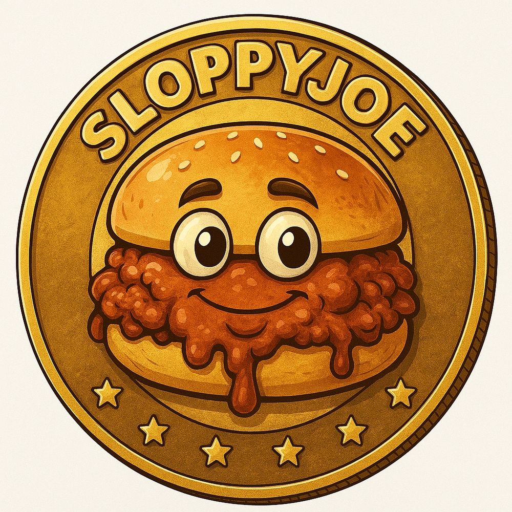 A cheerful sloppy joe sandwich cartoon on a gold coin with stars.