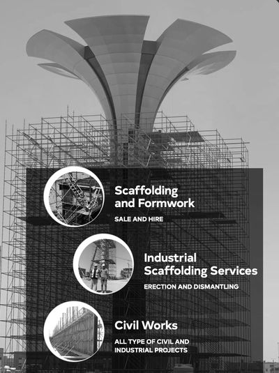 Construction scaffolding around a large structure with service offerings listed.