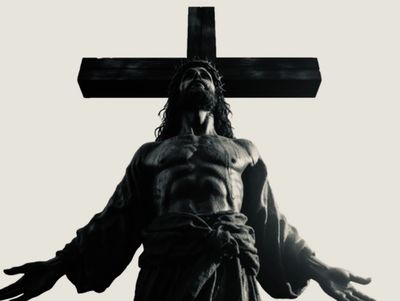 Statue of Jesus Christ with a cross in the background.