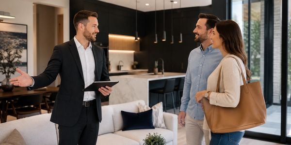 Real estate agent showing a modern home to a couple.