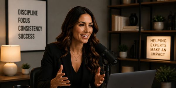 A woman speaks enthusiastically into a microphone in a professional setting.