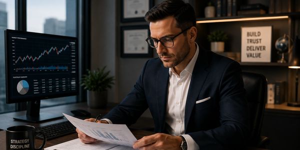Man in suit analyzing financial charts and reports at his desk.