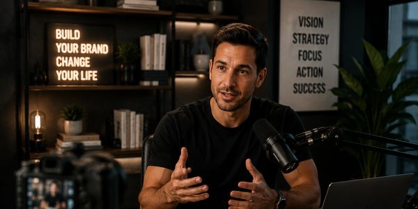 Man speaking into microphone in a branded content studio setup.