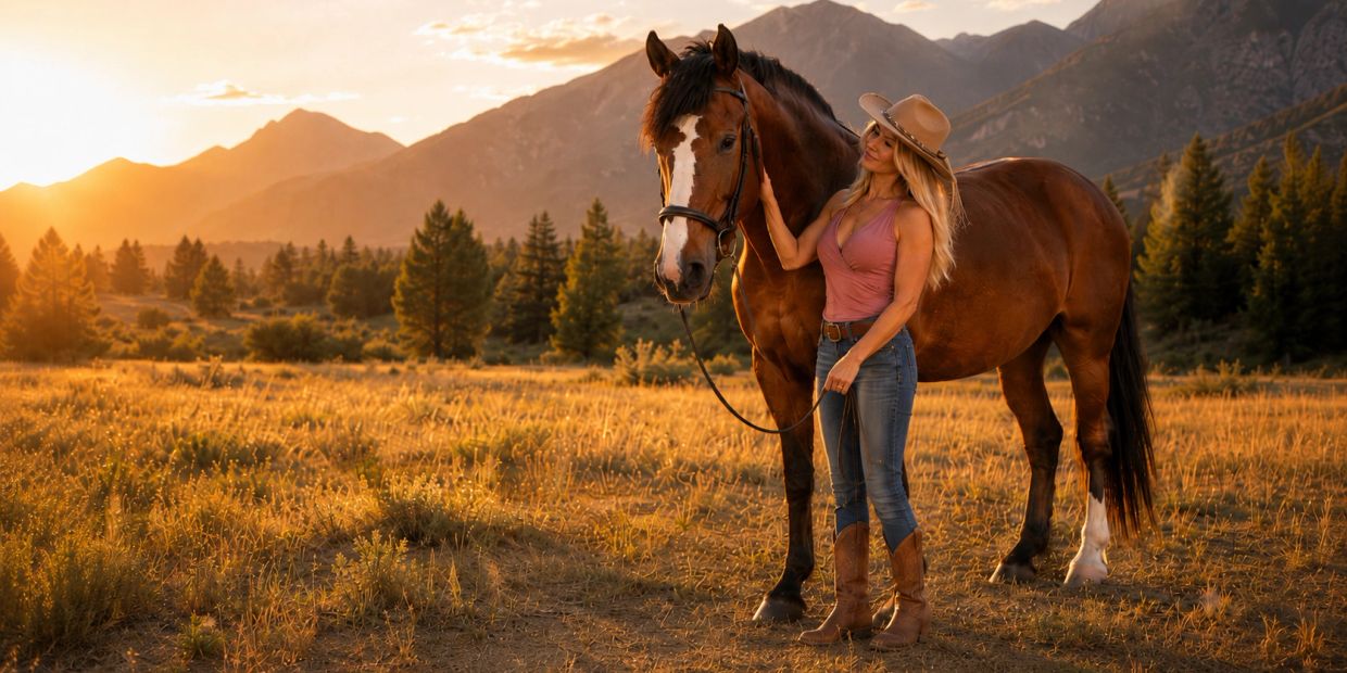 Woman with a horse in a sunset field.