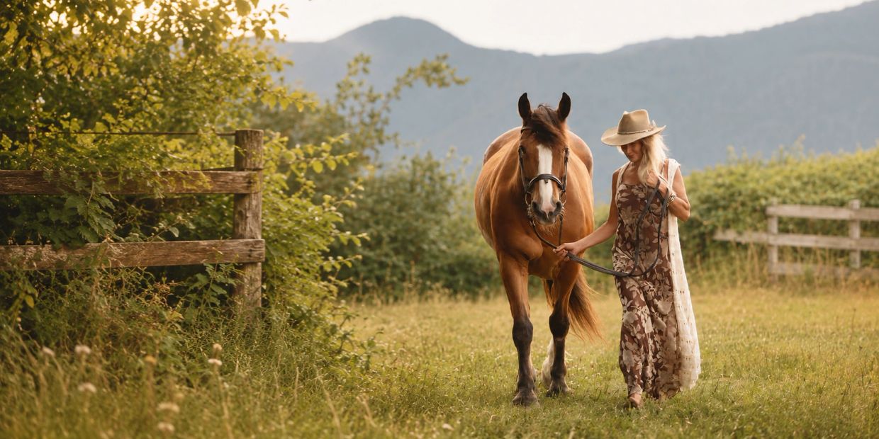 Woman walking with horse in a grassy field.