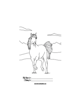 Black and white horse coloring page with space for name and date.