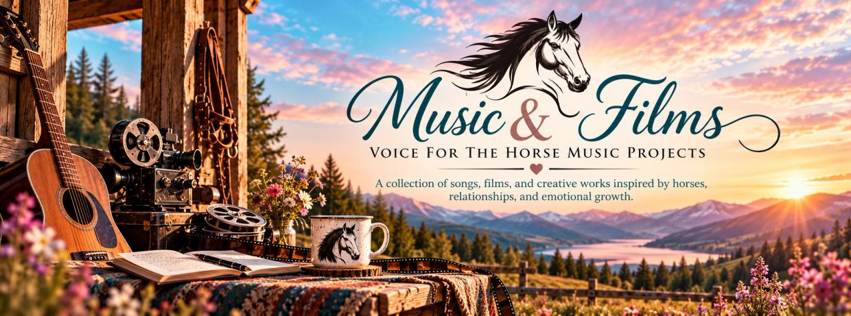 Artistic setup with guitar, vintage film camera, and horse-themed mug in nature at sunset.