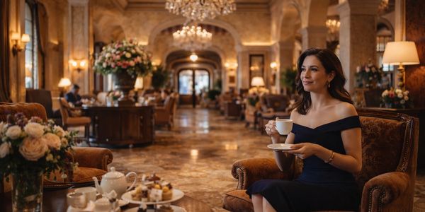 Elegant woman enjoying tea in a luxurious hotel lounge.