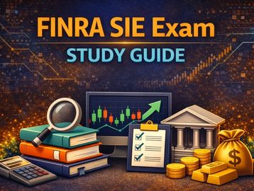 FINRA SIE Exam study guide with financial icons and books.