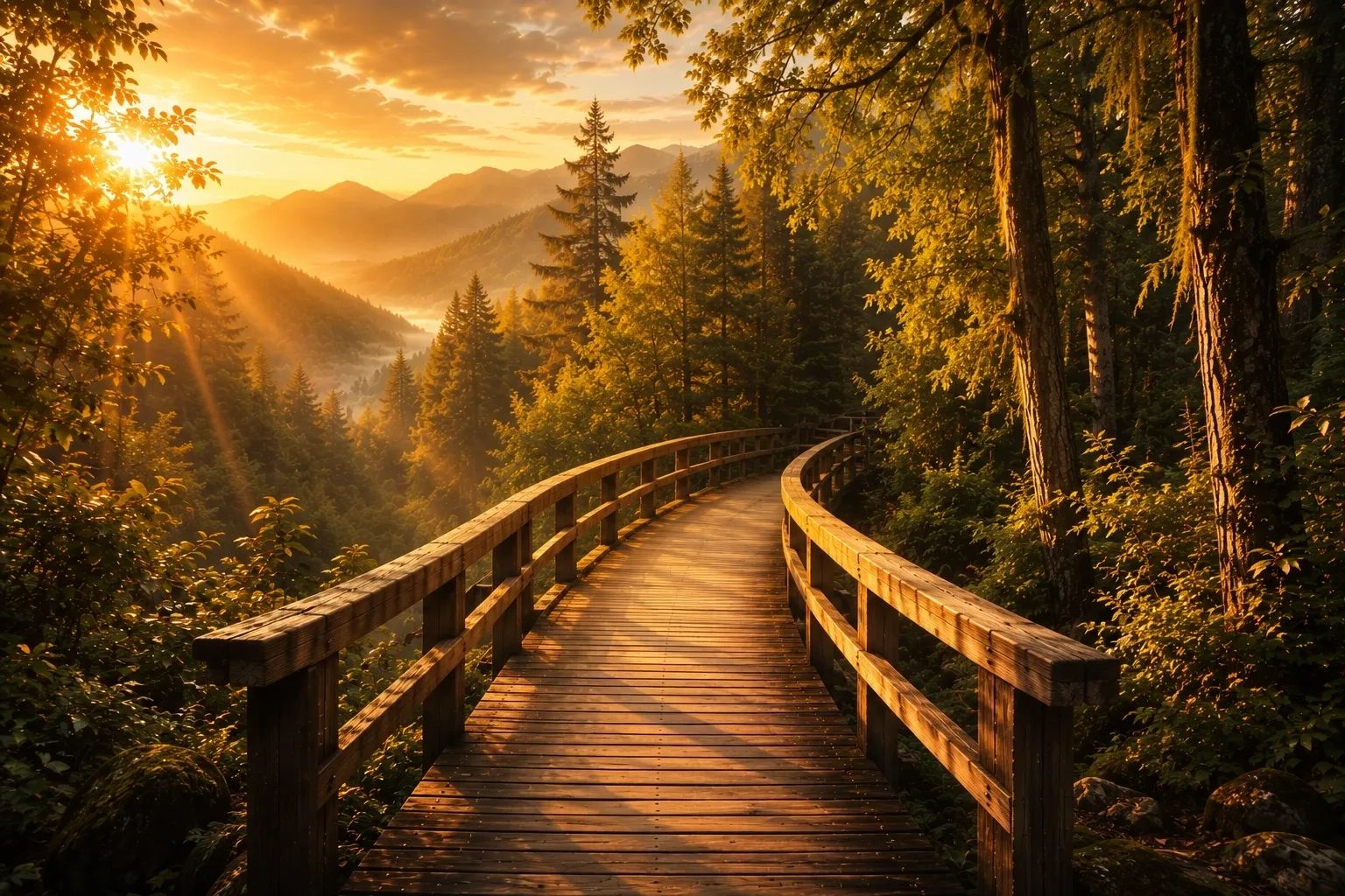 Heartfelt Bridge logo above a handcrafted wooden bridge overlooking a mountain valley at sunrise, representing intuitive readings, mediumship, and consciousness coaching.