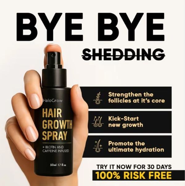 Hand holding hair growth spray bottle promoting hair regrowth benefits.
