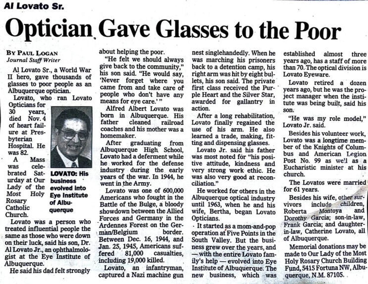Alfred Lovato Sr. - Dr. Lovato's father's obituary detailing the inception of Lovato Eyecare