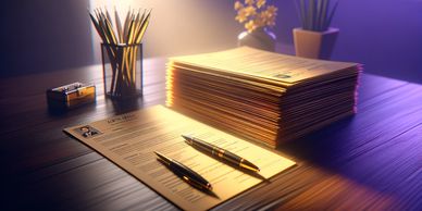 A stack of resumes on a desk with a container of pencils and pens nearby.