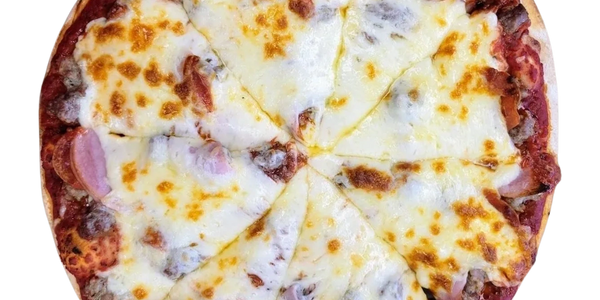 A delicious meat and cheese pizza with melted cheese.