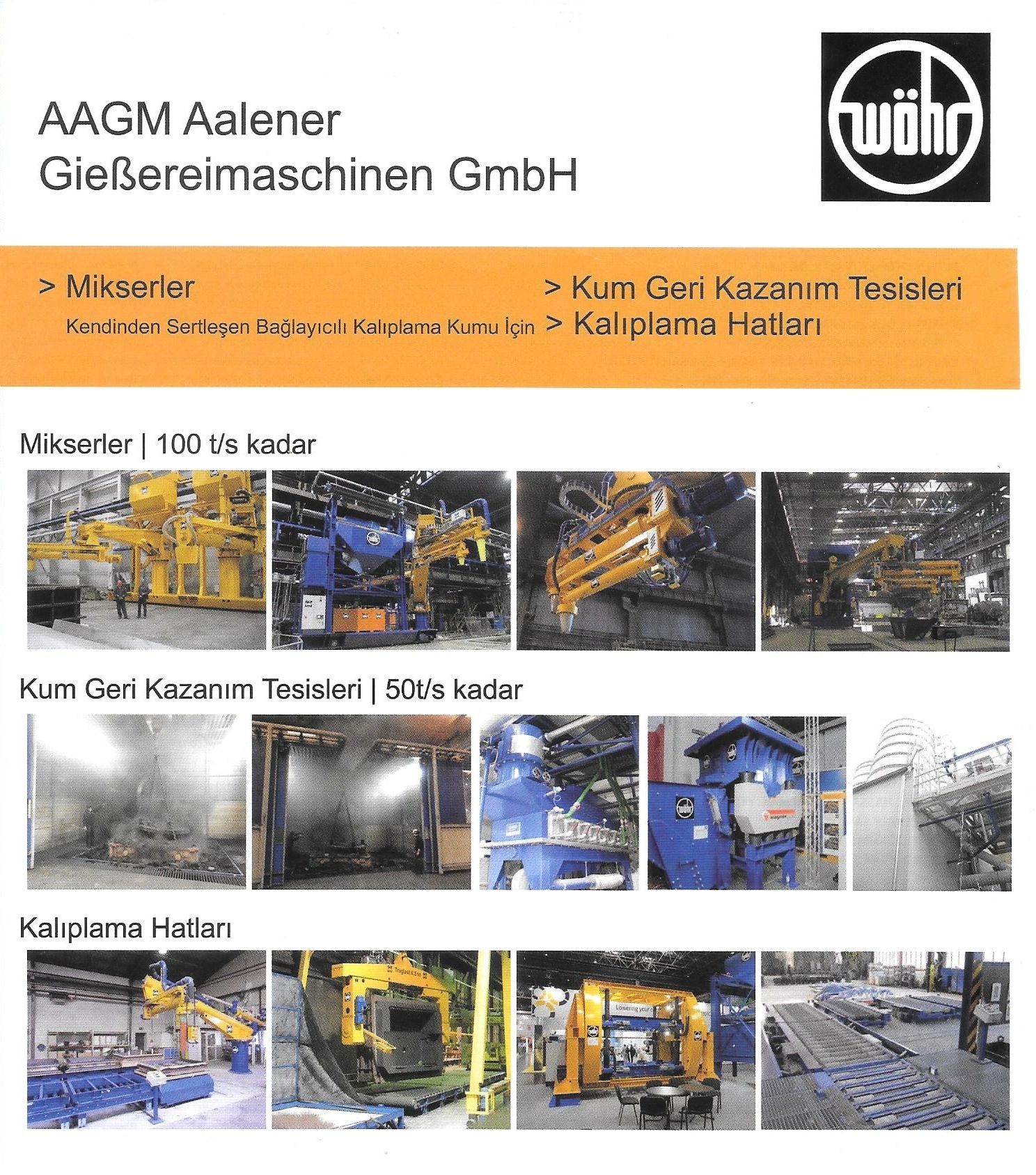 Endüstriyel karıştırıcılar, kum geri kazanım tesisleri ve kalıplama hatlarını gösteren brochure.