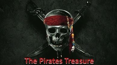 A pirate skull with crossed swords and a red bandana labeled 'The Pirates Treasure'.