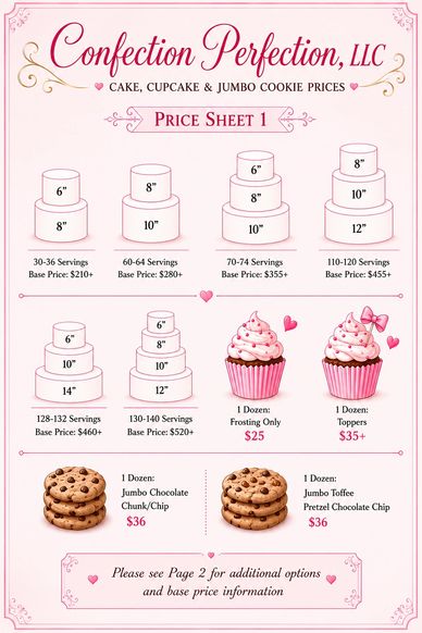 Price sheet for cakes, cupcakes, and jumbo cookies from Confection Perfection, LLC.