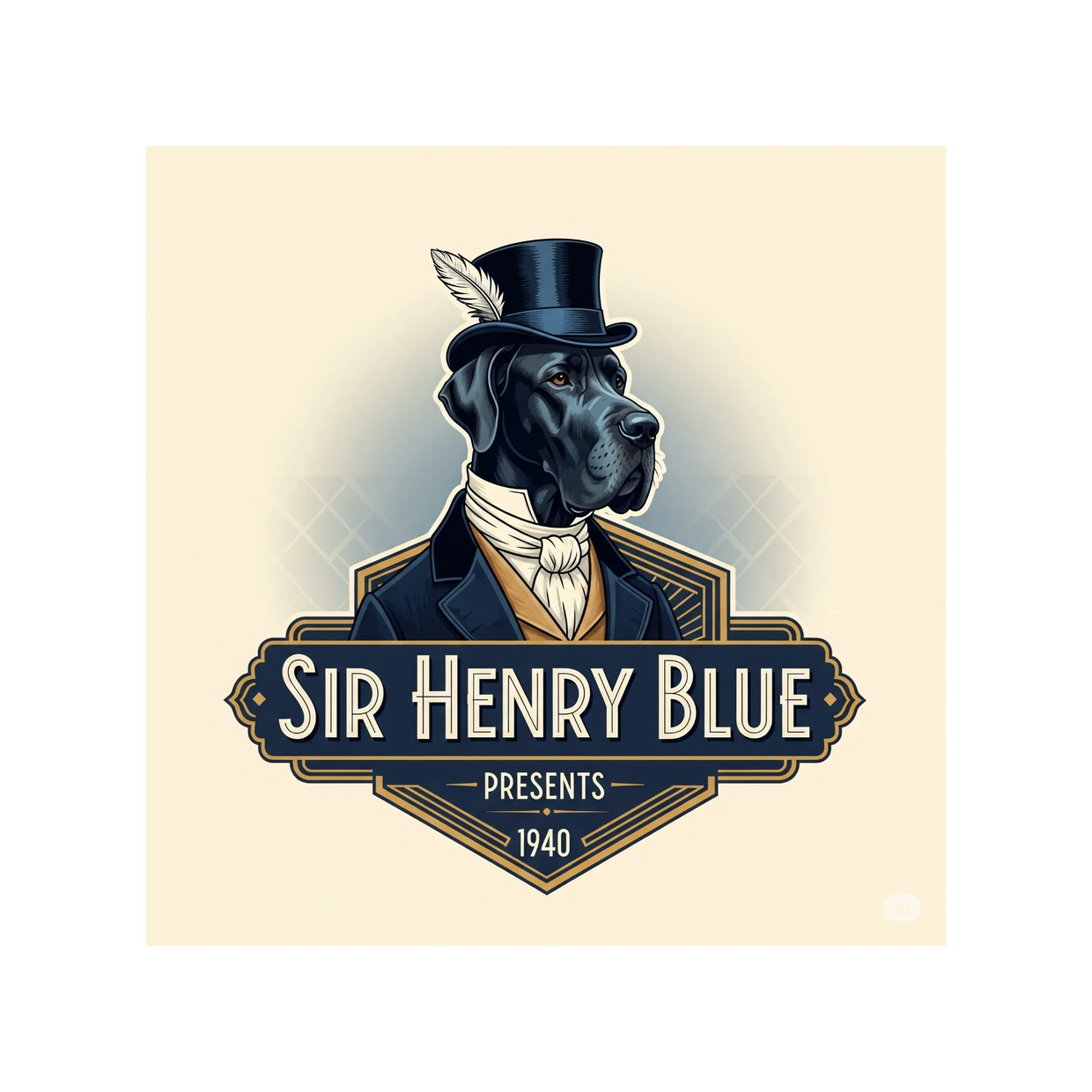 Illustration of a black dog in vintage attire with text "Sir Henry Blue Presents 1940".