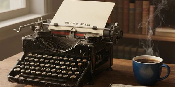 Vintage typewriter with paper reading 'THE END OF AN ERA' next to a steaming cup of coffee.