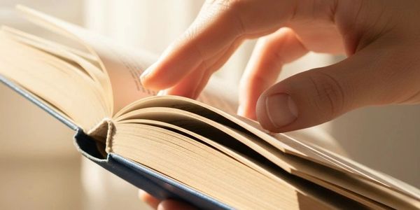 Hand turning pages of an open book in soft light.