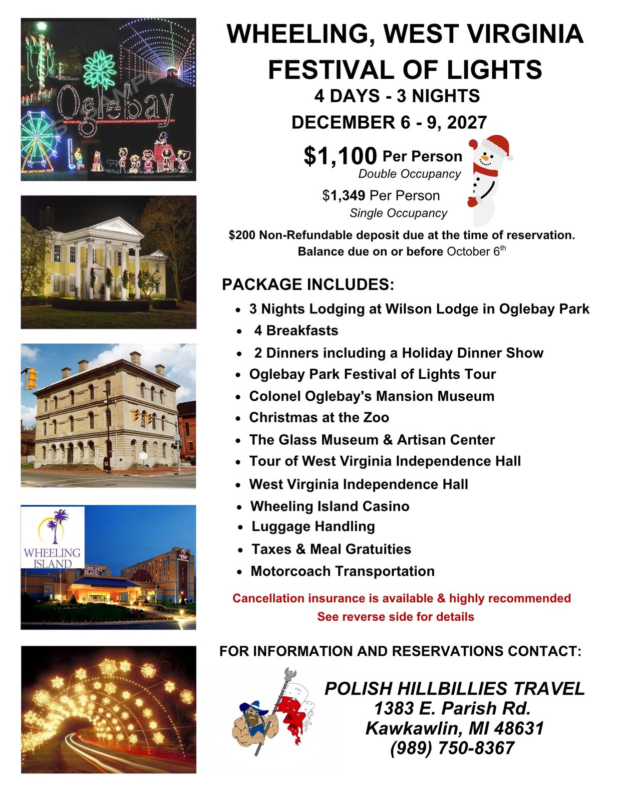 Wheeling, WV Festival of Lights travel package details for December 2027.