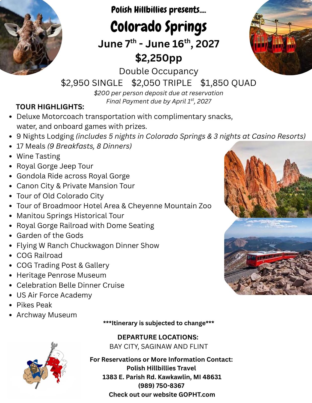 Travel flyer for a Colorado Springs tour by Polish Hillbillies, June 7-16, 2027, with various activities and departure locations.
