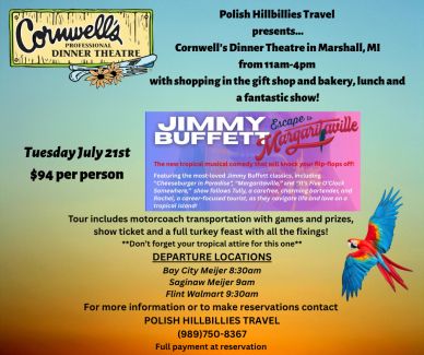 Flyer for Polish Hillbillies Travel's Jimmy Buffett dinner show in Marshall, MI.