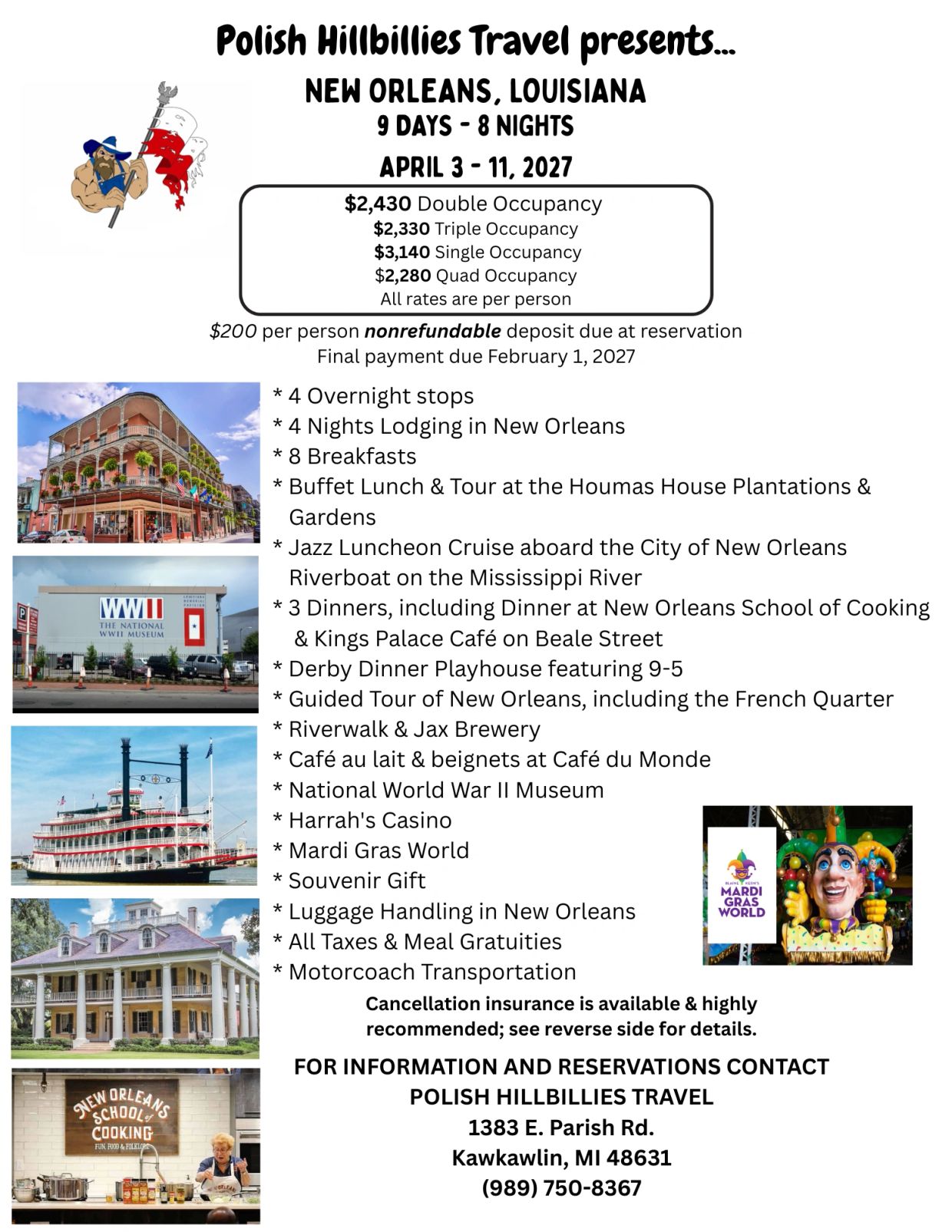 Travel flyer for a New Orleans trip by Polish Hillbillies Travel in April 2027.