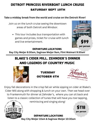 Flyer advertising Detroit Princess Riverboat lunch cruise and Blake's Cider Mill and Zehnder's dinner cruise tours.