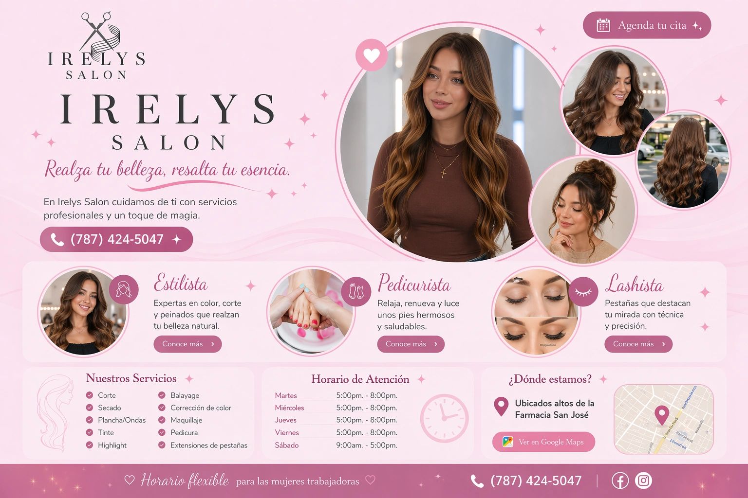An elegant pink-themed salon advertisement showcasing hair, pedicure, and eyelash services with contact info and location.