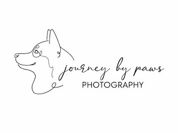 Minimalist logo with a dog outline and 'journey by paws PHOTOGRAPHY' text.