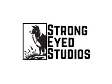 Logo of Strong Eyed Studios with a dog illustration.