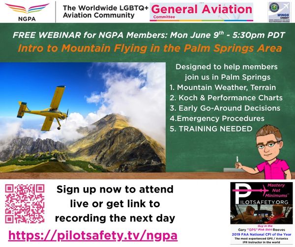 Flyer for an NGPA webinar on mountain flying in Palm Springs.